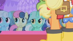 Size: 1280x720 | Tagged: safe, screencap, character:applejack, character:bon bon, character:cloud kicker, character:derpy hooves, character:lemon hearts, character:linky, character:lyra heartstrings, character:shoeshine, character:sweetie drops, species:pony, episode:suited for success, g4, my little pony: friendship is magic, boots, clothing, dress, eyes closed, rain boots, shoes