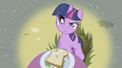 Size: 1280x720 | Tagged: safe, screencap, character:twilight sparkle, character:twilight sparkle (unicorn), species:pony, species:unicorn, episode:the ticket master, g4, my little pony: friendship is magic, daffodil and daisy sandwich, female, food, mare, rain, sandwich, solo