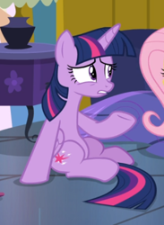 Size: 442x603 | Tagged: safe, screencap, character:fluttershy, character:twilight sparkle, character:twilight sparkle (alicorn), species:alicorn, species:pegasus, species:pony, episode:a health of information, g4, my little pony: friendship is magic, cropped, female, looking at each other, mare, offscreen character, on floor, raised hoof, sitting, solo focus, underhoof, unsure