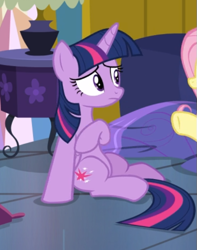 Size: 481x611 | Tagged: safe, screencap, character:fluttershy, character:twilight sparkle, character:twilight sparkle (alicorn), species:alicorn, species:pegasus, species:pony, episode:a health of information, g4, my little pony: friendship is magic, cropped, female, looking at each other, mare, offscreen character, on floor, raised hoof, sitting, solo focus