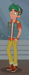 Size: 279x711 | Tagged: safe, screencap, character:timber spruce, episode:star crossed, g4, my little pony:equestria girls, clothing, cropped, hand in pocket, hat, male, shoes, smiling, solo, vest