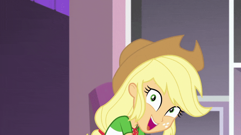 Size: 800x450 | Tagged: safe, screencap, character:applejack, episode:diy with applejack, g4, my little pony:equestria girls, animated, embarrassed, faec, geode of super strength, gif, hedge clippers, magical geodes, scissors