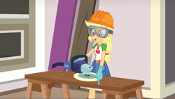 Size: 1920x1080 | Tagged: safe, screencap, character:applejack, episode:diy with applejack, g4, my little pony:equestria girls, clothing, female, geode of super strength, gloves, goggles, hard hat, hat, magical geodes, power tools, smiling, solo, wood