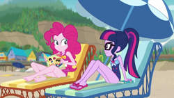 Size: 1920x1080 | Tagged: safe, screencap, character:feather bangs, character:pinkie pie, character:twilight sparkle, character:twilight sparkle (scitwi), species:eqg human, episode:friendship math, g4, my little pony:equestria girls, barefoot, beach, clothing, duo, duo female, feet, female, flip-flops, geode of sugar bombs, geode of telekinesis, legs, magazine, magical geodes, male, sandals, sleeveless, swimsuit, umbrella
