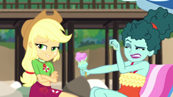 Size: 1920x1080 | Tagged: safe, screencap, character:applejack, episode:turf war, g4, my little pony:equestria girls, background human, beach, clothing, disgusted, food, geode of super strength, hair, ice cream, leafy mint, lifeguard, lifeguard applejack, magical geodes, swimsuit