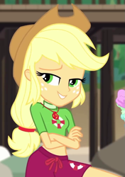 Size: 707x1006 | Tagged: safe, screencap, character:applejack, episode:turf war, g4, my little pony:equestria girls, applejack's hat, clothing, cowboy hat, cropped, crossed arms, female, geode of super strength, hat, lifeguard, lifeguard applejack, magical geodes, midriff, shorts, smiling, solo, swimsuit