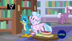 Size: 1920x1080 | Tagged: safe, screencap, character:gallus, character:loganberry, character:silverstream, species:classical hippogriff, species:earth pony, species:griffon, species:hippogriff, species:pony, episode:a matter of principals, g4, my little pony: friendship is magic, book, bookshelf, discovery family logo, duo focus, female, friendship student, library, male, stallion, table