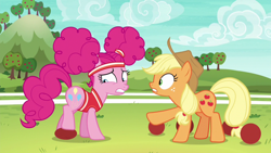 Size: 1280x720 | Tagged: safe, screencap, character:applejack, character:pinkie pie, species:pony, episode:buckball season, g4, my little pony: friendship is magic, buckball, pinktails pie