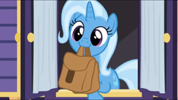 Size: 1136x640 | Tagged: safe, screencap, character:trixie, species:pony, species:unicorn, episode:to where and back again, g4, my little pony: friendship is magic, cute, diatrixes, female, mare, mouth hold, smiling, solo, to saddlebags and back again, trixie's wagon