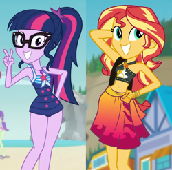 Size: 4000x3934 | Tagged: safe, screencap, character:sunset shimmer, character:twilight sparkle, character:twilight sparkle (scitwi), species:eqg human, equestria girls:forgotten friendship, g4, my little pony:equestria girls, adorasexy, beach, beautiful, belly button, clothing, comparison, cute, glasses, peace sign, ponytail, pose, sarong, sexy, sexy egghead, sleeveless, smiling, stupid sexy sunset shimmer, stupid sexy twilight, sunset selfie, swimsuit, teeth