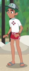 Size: 208x512 | Tagged: safe, screencap, character:timber spruce, episode:turf war, g4, my little pony:equestria girls, cap, clothing, cropped, feet, hat, legs, lifeguard, lifeguard timber, male, sandals, shorts, solo