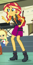 Size: 474x922 | Tagged: safe, screencap, character:applejack, character:sunset shimmer, episode:overpowered, g4, my little pony:equestria girls, applejack's hat, boots, clothing, cowboy boots, cowboy hat, cropped, female, geode of empathy, geode of super strength, hat, high heel boots, jacket, legs, magical geodes, pointing, shoes, skirt