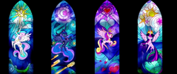 Size: 1280x538 | Tagged: safe, screencap, character:princess cadance, character:princess celestia, character:princess luna, character:twilight sparkle, character:twilight sparkle (alicorn), species:alicorn, species:pony, my little pony: the movie (2017), deleted scene, stained glass