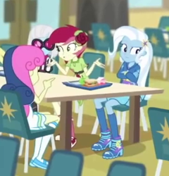 Size: 365x381 | Tagged: safe, screencap, character:bon bon, character:photo finish, character:roseluck, character:sweetie drops, character:trixie, episode:schedule swap, g4, my little pony:equestria girls, background human, cafeteria, clothing, cropped, dress, female, flower, high heels, hoodie, rose, shoes, skirt