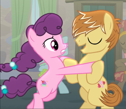 Size: 1087x940 | Tagged: safe, screencap, character:feather bangs, character:sugar belle, species:pony, episode:hard to say anything, g4, my little pony: friendship is magic, bipedal, clenched teeth, cropped, dancing, eyes closed, female, frown, holding hooves, male, mare, open mouth, smiling, stallion
