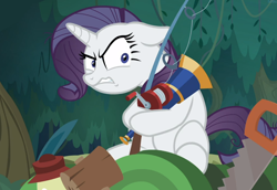 Size: 1338x922 | Tagged: safe, screencap, character:mean rarity, species:pony, episode:the mean 6, g4, my little pony: friendship is magic, clone, female, fishing rod, flashlight (object), greedity, hoard, lantern, looking at you, mallet, saw, sitting, wavy mouth