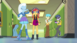 Size: 1920x1080 | Tagged: safe, screencap, character:bright idea, character:microchips, character:sandalwood, character:sunset shimmer, character:trixie, episode:overpowered, g4, my little pony:equestria girls, background human, bright idea, clothing, geode of empathy, headphones, magical geodes, shoes, sneakers