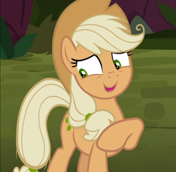 Size: 960x938 | Tagged: safe, screencap, character:mean applejack, species:pony, episode:the mean 6, g4, my little pony: friendship is magic, clone, cropped, female, liarjack, nervous, open mouth, smiling, solo
