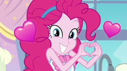 Size: 1920x1080 | Tagged: safe, screencap, character:pinkie pie, episode:the craft of cookies, g4, my little pony:equestria girls, cute, diapinkes, floating heart, heart, heart hands, looking at you, smiling, solo