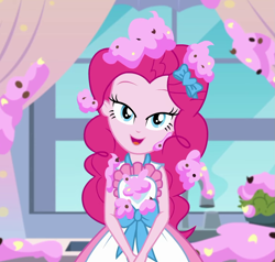 Size: 1135x1079 | Tagged: safe, screencap, character:pinkie pie, episode:the craft of cookies, g4, my little pony:equestria girls, apron, clothing, cropped, dress, female, food, frosting, geode of sugar bombs, lidded eyes, looking at you, magical geodes, open mouth, out of context, picture, smiling, window