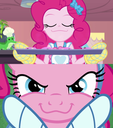 Size: 1280x1440 | Tagged: safe, screencap, character:gummy, character:pinkie pie, episode:best gift ever, episode:the craft of cookies, episode:triple pony dare ya, g4, my little pony: friendship is magic, my little pony:equestria girls, :3, apron, chef's hat, clothing, cookie, food, hat, oven mitts, tray