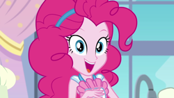 Size: 1280x720 | Tagged: safe, screencap, character:pinkie pie, episode:the craft of cookies, g4, my little pony:equestria girls, cute, diapinkes, looking at you, open mouth, solo