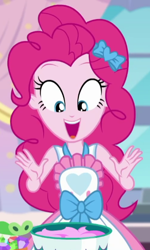 Size: 330x550 | Tagged: safe, screencap, character:pinkie pie, episode:the craft of cookies, g4, my little pony:equestria girls, apron, clothing, cropped, cute, diapinkes, happy