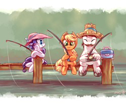 Size: 2300x1900 | Tagged: safe, artist:whitediamonds, character:applejack, character:hondo flanks, character:rarity, species:pony, ship:rarijack, bedroom eyes, clothing, cute, daydream, dreamy, eyes closed, father's day, female, fishing, fishing rod, hat, jackabetes, lesbian, male, mare, pier, raribetes, rarijack daily, shipping, smiling, stallion, water