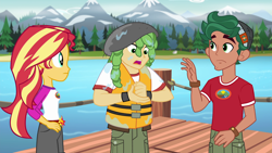 Size: 1920x1080 | Tagged: safe, screencap, character:sandalwood, character:sunset shimmer, character:timber spruce, equestria girls:legend of everfree, g4, my little pony:equestria girls, camp everfree outfits, clothing, female, forest, lake, lifejacket, male, mountain, mountain range, pier, shorts, water
