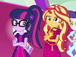Size: 1440x1080 | Tagged: safe, screencap, character:rarity, character:sunset shimmer, character:twilight sparkle, character:twilight sparkle (scitwi), species:eqg human, equestria girls:spring breakdown, g4, my little pony:equestria girls, cropped, female, geode of empathy, geode of telekinesis, magical geodes, offscreen character