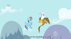 Size: 850x470 | Tagged: safe, screencap, character:gilda, character:rainbow dash, species:griffon, species:pegasus, species:pony, episode:griffon the brush-off, duo, duo female, female, flying, hub logo, mare, youtube caption