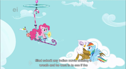 Size: 856x472 | Tagged: safe, screencap, character:gilda, character:pinkie pie, character:rainbow dash, species:earth pony, species:griffon, species:pegasus, species:pony, episode:griffon the brush-off, cloud, female, mare, pinkiecopter, youtube caption