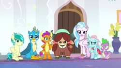Size: 1920x1080 | Tagged: safe, screencap, character:gallus, character:ocellus, character:sandbar, character:silverstream, character:smolder, character:spike, character:yona, species:changedling, species:changeling, species:classical hippogriff, species:dragon, species:earth pony, species:griffon, species:hippogriff, species:pony, species:reformed changeling, species:yak, episode:a matter of principals, g4, my little pony: friendship is magic, bow, cloven hooves, colored hooves, dragoness, female, hair bow, jewelry, male, monkey swings, necklace, student six, teenager, varying degrees of want, winged spike