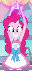 Size: 334x732 | Tagged: safe, screencap, character:pinkie pie, episode:the craft of cookies, g4, my little pony:equestria girls, apron, clothing, cropped, food, grin, smiling, solo, sprinkles