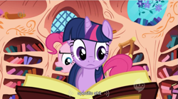 Size: 853x474 | Tagged: safe, screencap, character:pinkie pie, character:twilight sparkle, species:earth pony, species:pony, species:unicorn, episode:griffon the brush-off, book, duo, duo female, female, golden oaks library, mare, meme, vulgar, youtube caption