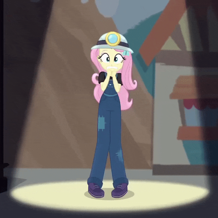 Size: 706x706 | Tagged: safe, screencap, character:fluttershy, episode:opening night, g4, my little pony:equestria girls, animated, cropped, gif, headlamp, helmet, loop, miner, mining helmet, nervous, shaking