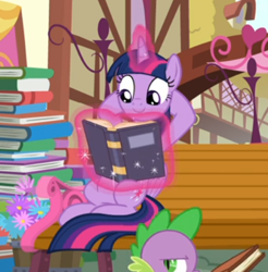 Size: 441x449 | Tagged: safe, screencap, character:spike, character:twilight sparkle, character:twilight sparkle (alicorn), species:alicorn, species:pony, episode:yakity-sax, g4, my little pony: friendship is magic, bench, book, cropped, female, glowing horn, hooves behind head, levitation, magic, open eyes, ponyville, reclining, solo focus, telekinesis, that pony sure does love books