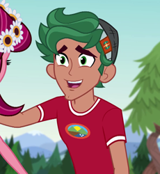 Size: 592x644 | Tagged: safe, screencap, character:gloriosa daisy, character:timber spruce, equestria girls:legend of everfree, g4, my little pony:equestria girls, camp everfree logo, camp everfree outfits, cropped, cute, male, offscreen character, smiling, timberbetes