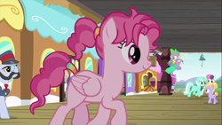Size: 1366x768 | Tagged: safe, screencap, character:all aboard, character:bifröst, character:bon bon, character:lyra heartstrings, character:shining passion, character:spike, character:sweetie drops, species:dragon, species:earth pony, species:pegasus, species:pony, species:unicorn, episode:rarity's biggest fan, background pony, clothing, female, filly, flying, friendship express, friendship student, male, mare, shorts, stallion, tail wrap