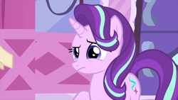Size: 1920x1080 | Tagged: safe, screencap, character:starlight glimmer, species:pony, species:unicorn, episode:rarity's biggest fan, concerned, cutie mark, female, mare, raised eyebrow, raised hoof, solo