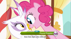 Size: 855x470 | Tagged: safe, screencap, character:gilda, character:pinkie pie, species:earth pony, species:griffon, species:pony, episode:griffon the brush-off, duo, duo female, eye contact, female, hub logo, looking at each other, mare, meme, youtube caption