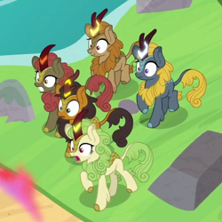 Size: 500x500 | Tagged: safe, screencap, character:fern flare, character:maple brown, character:pumpkin smoke, character:spring glow, character:winter flame, species:kirin, episode:sounds of silence, g4, my little pony: friendship is magic, background kirin, cloven hooves, cropped, female, glowing horn, male, open mouth, raised hoof, wide eyes