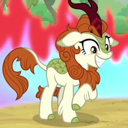 Size: 1080x1080 | Tagged: safe, screencap, character:autumn blaze, species:kirin, episode:sounds of silence, g4, my little pony: friendship is magic, cloven hooves, colored hooves, cropped, female, fire, floppy ears, magic, raised hoof, smiling, solo, wide smile