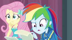 Size: 1280x720 | Tagged: safe, screencap, character:fluttershy, character:rainbow dash, episode:stressed in show, g4, my little pony:equestria girls, animation error, geode of fauna, geode of super speed, magical geodes, reading, what the fuck am i reading