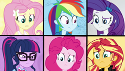 Size: 1920x1080 | Tagged: safe, screencap, character:fluttershy, character:pinkie pie, character:rainbow dash, character:rarity, character:sunset shimmer, character:twilight sparkle, character:twilight sparkle (scitwi), species:eqg human, episode:get the show on the road, eqg summertime shorts, g4, my little pony:equestria girls