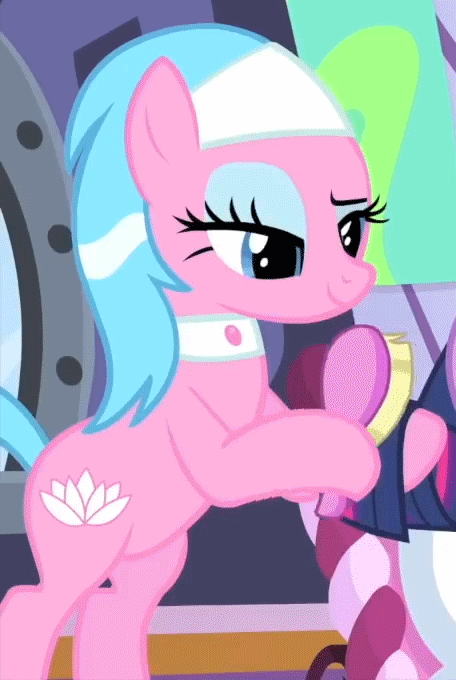 Size: 456x680 | Tagged: safe, screencap, character:aloe, character:twilight sparkle, character:twilight sparkle (alicorn), species:alicorn, species:earth pony, species:pony, episode:rarity's biggest fan, animated, blinking, brush, brushie, brushing, cropped, female, gif, hooves, mane styling, mare, offscreen character, raised eyebrow