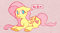 Size: 1200x664 | Tagged: safe, artist:niteax, character:fluttershy, species:pegasus, species:pony, @, abstract background, cute, dialogue, don't @ me, female, floppy ears, hooves, looking at you, mare, open mouth, prone, reaction image, smiling, solo