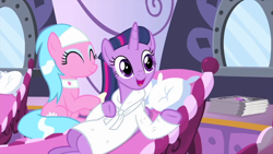 Size: 1280x720 | Tagged: safe, screencap, character:aloe, character:twilight sparkle, character:twilight sparkle (alicorn), species:alicorn, species:pony, episode:rarity's biggest fan, alternate hairstyle, bathrobe, clothing, mane styling, reclining, robe, sitting, spa