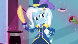 Size: 1920x1080 | Tagged: safe, screencap, character:trixie, episode:street magic with trixie, g4, my little pony:equestria girls, beautiful, clothing, cute, deck of cards, diatrixes, epaulettes, hat, magic, sword, telekinesis, top hat, weapon