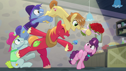 Size: 1280x720 | Tagged: safe, screencap, character:big mcintosh, character:feather bangs, character:sugar belle, species:earth pony, species:pony, species:unicorn, ship:sugarmac, episode:hard to say anything, g4, my little pony: friendship is magic, backup dancers, battle for sugar belle, cutie mark, female, glamor trot, hooves, male, mare, shipping, smooth vibes, stallion, stereo mix, straight, sugarbangs